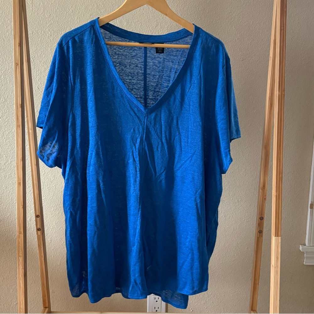 Tahari 100% Linen Top Women's 3X Blue V Neck Short Sleeve Plus Size - Picture 2 of 6